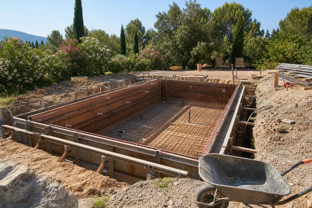 Chantier de construction de piscine à Trèbes