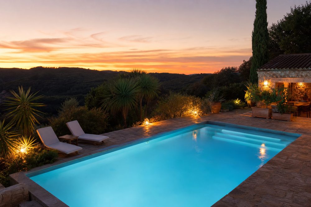 Piscine éclairée en soirée à Narbonne